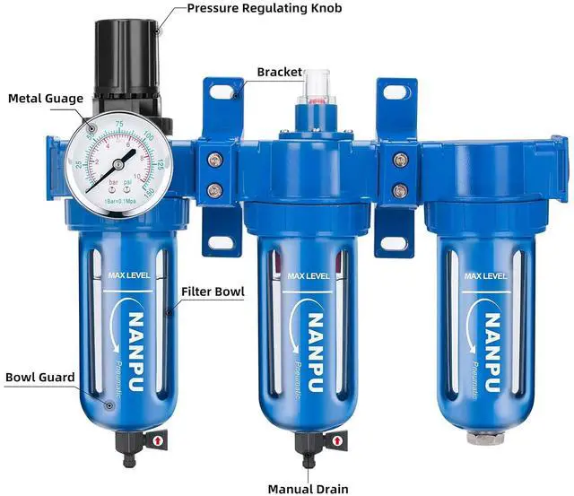 Alt view image 3 of 6 - Zinc Alloy 3 Stage Air System - Particulate Filter, Coalescing Filter, Desiccant Dryer & Air Regulator, Poly Bowl, Manual Drain, Mid Flow, Suitable for Paint Spray & Plasma Cutter (3/8" NPT)