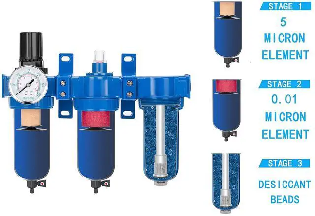 Alt view image 6 of 6 - Zinc Alloy 3 Stage Air System - Particulate Filter, Coalescing Filter, Desiccant Dryer & Air Regulator, Poly Bowl, Manual Drain, Mid Flow, Suitable for Paint Spray & Plasma Cutter (3/8" NPT)