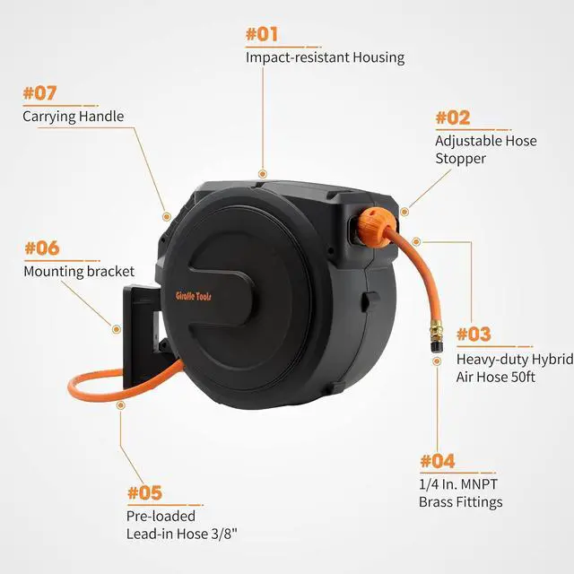 Alt view image 2 of 7 - Retractable Air Hose Reel Enclosed with 3/8 in. x 50 ft Hybrid Hose, Lightweight Compressor Hose Reel Wall Mounted with 180° Swivel Bracket, 300 PSI
