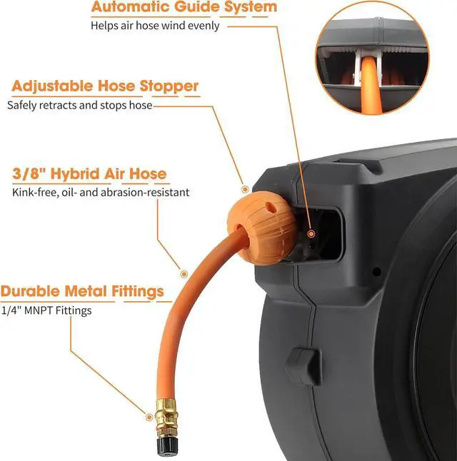 Alt view image 3 of 7 - Retractable Air Hose Reel Enclosed with 3/8 in. x 50 ft Hybrid Hose, Lightweight Compressor Hose Reel Wall Mounted with 180° Swivel Bracket, 300 PSI