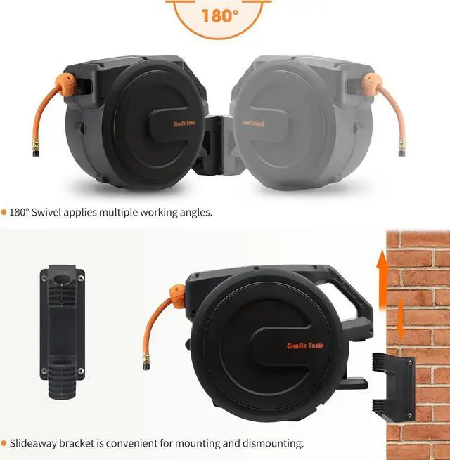 Alt view image 5 of 7 - Retractable Air Hose Reel Enclosed with 3/8 in. x 50 ft Hybrid Hose, Lightweight Compressor Hose Reel Wall Mounted with 180° Swivel Bracket, 300 PSI