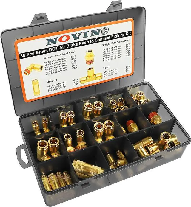 Alt view image 2 of 7 - 36 PCS Brass DOT Air Brake Line Fitting Assortment Kit 1/4" 3/8" 1/2" Push to Connect Fittings Air Brake Fittings Repair Kit for Trucks,DOT Air Line Fittings Air Brake Union Assortment Kit with Case