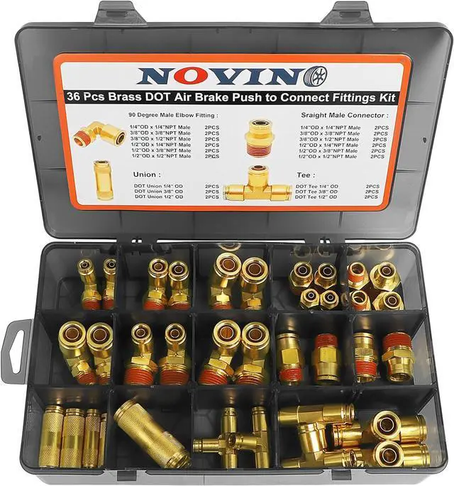 Alt view image 3 of 7 - 36 PCS Brass DOT Air Brake Line Fitting Assortment Kit 1/4" 3/8" 1/2" Push to Connect Fittings Air Brake Fittings Repair Kit for Trucks,DOT Air Line Fittings Air Brake Union Assortment Kit with Case