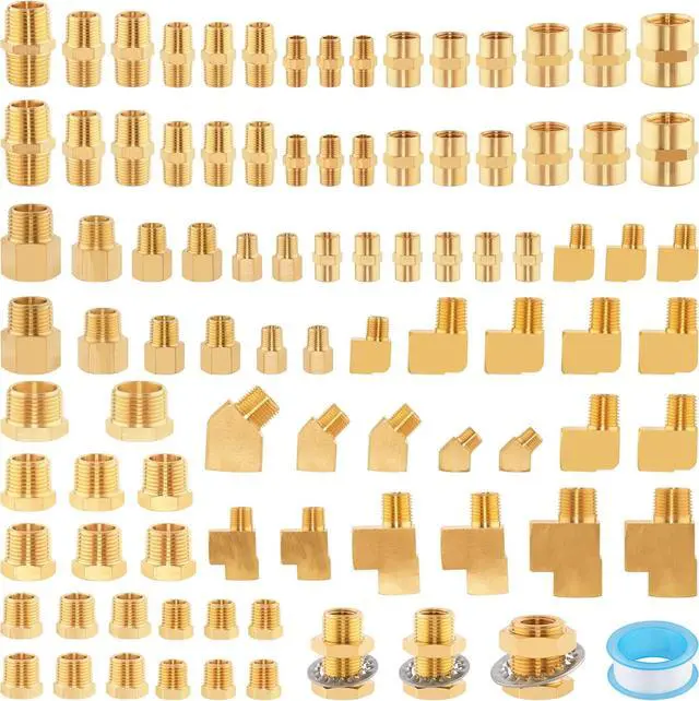 Main image of 92PCS Brass Pipe Fittings Assortment Kit NPT Adapter,Hex Nipple,Reducer Bushing,Hex Coupling,90 Degree & 45 Degree Barstock Street Elbow,Street Tee,Bulk Head Fittings Kits