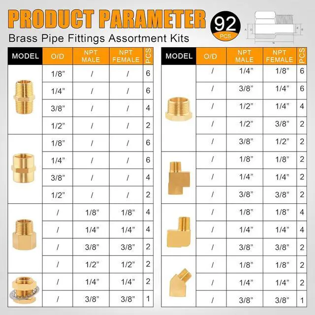 Alt view image 2 of 6 - 92PCS Brass Pipe Fittings Assortment Kit NPT Adapter,Hex Nipple,Reducer Bushing,Hex Coupling,90 Degree & 45 Degree Barstock Street Elbow,Street Tee,Bulk Head Fittings Kits