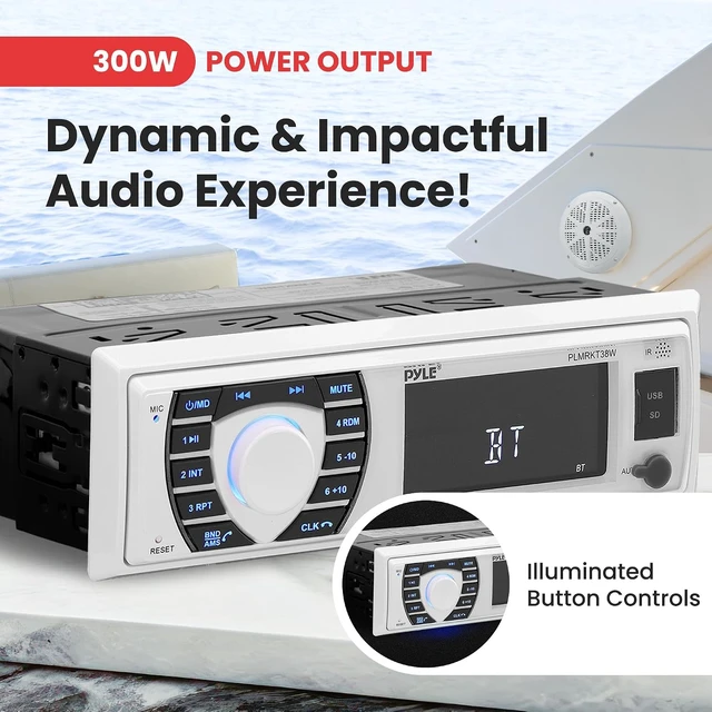 Alt view image 3 of 7 - Marine Radio Receiver Speaker Set 12v Single Din Style Bluetooth Compatible Waterproof Digital Boat In Dash Console System with Mic 4 Speakers, Remote Control, Wiring Harness PLMRKT38W (White)