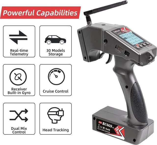 Alt view image 2 of 7 - Radiolink RC6GS V3 7 Channels RC Transmitter and Waterproof Gyro Receiver R7FG, 30 Models Storage 2.4Ghz Voltage Telemetry Surface Remote Radio Controller for RC Crawler, Drifting, Car and Boat