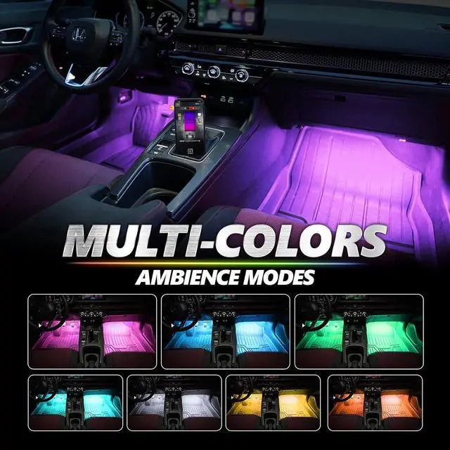 Alt view image 5 of 7 - Aura Pro Double Row Car LED Lights Interior with APP Control, Multicolor Mode, Sound Active Function Inside Ambient Lighting Kit, Footwell Floor Decor, Car Charger Adapter 12V, 4pc