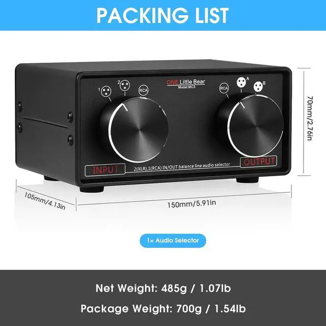 Alt view image 5 of 7 - Little Bear MC3 3-IN-3-OUT XLR Balanced/RCA Stereo Converter Audio Selector Splitter Box Passive Preamp XLR to RCA Audio Switch (XLR & RCA)