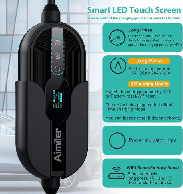 Alt view image 2 of 7 - Level 2 Electric Vehicle (EV) Charger(32Amp, 220V-240V, NEMA 14-50 Plug), 25ft Cable ETL Listed Portable Indoor/Outdoor EVSE SAE J1772 EV Car Charging Station w/Delay Timer, WiFi Enabled