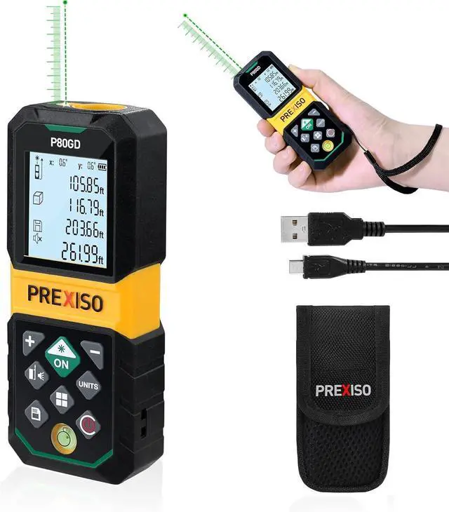 Main image of Laser Measure Rechargeable, 265Ft Green Beam Measurement Tool with Angle Sensor& 30 Sets Data Storage &1/4"-20 Threaded Hole - Ft/Ft+in/in/M Units Pythagorean Mode, Area, Volume