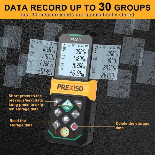 Alt view image 7 of 7 - Laser Measure Rechargeable, 265Ft Green Beam Measurement Tool with Angle Sensor& 30 Sets Data Storage &1/4"-20 Threaded Hole - Ft/Ft+in/in/M Units Pythagorean Mode, Area, Volume