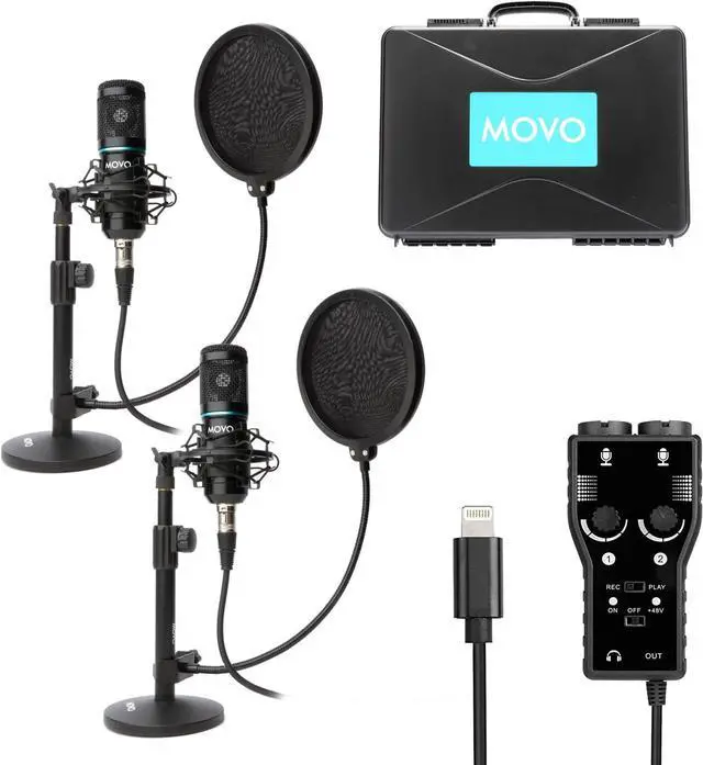 Main image of iPhone Podcast Equipment Bundle - 2 Pack Condenser Microphones, 2 Desktop Mic Stands, 2 Pop Filters, 2-Channel XLR Interface with Lightning Output - Compatible with iPhone, iPad, iOS (Lightning)