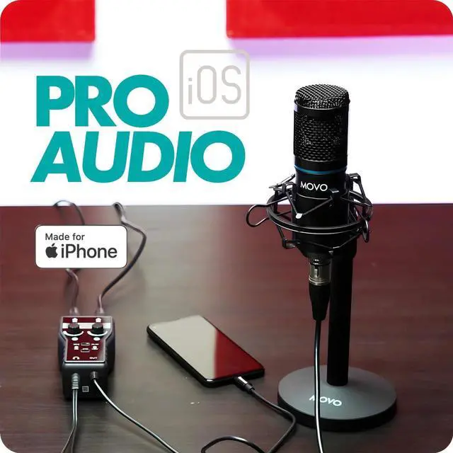 Alt view image 5 of 7 - iPhone Podcast Equipment Bundle - 2 Pack Condenser Microphones, 2 Desktop Mic Stands, 2 Pop Filters, 2-Channel XLR Interface with Lightning Output - Compatible with iPhone, iPad, iOS (Lightning)