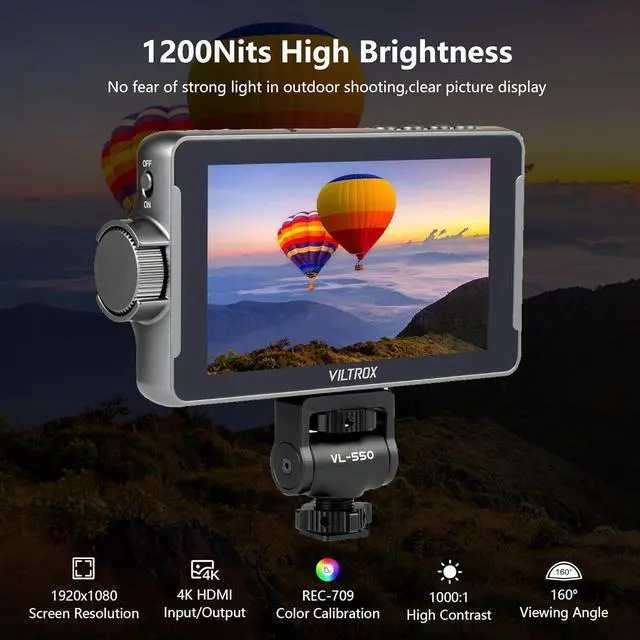Alt view image 2 of 7 - DC-550 Pro Touchscreen Camera Field Monitor 4K HDMI (5.5 Inch) DSLR Camera Monitor with Battery Sunshade Hood 3D Lut Peaking Focus Assist 1200 nits 160° Wide View Angle DC 12V Type-C 5V in