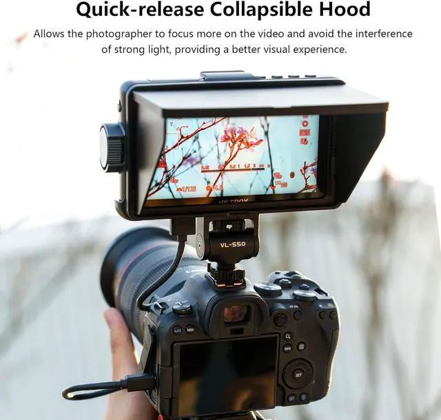 Alt view image 7 of 7 - DC-550 Pro Touchscreen Camera Field Monitor 4K HDMI (5.5 Inch) DSLR Camera Monitor with Battery Sunshade Hood 3D Lut Peaking Focus Assist 1200 nits 160° Wide View Angle DC 12V Type-C 5V in