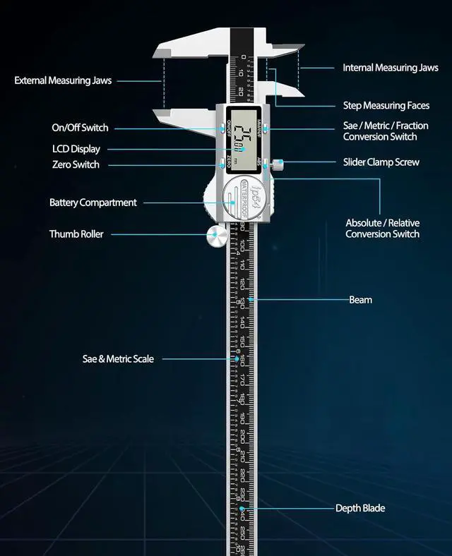 Alt view image 2 of 7 - Digital Caliper 12 Inch, (ABS) Absolute Scale Caliper, IP54 Caliper Measuring Tool, Inch/MM/Fraction, Auto-Off LCD Stainless Steel Waterproof Micrometer Vernier Caliper, Feeler Gauges