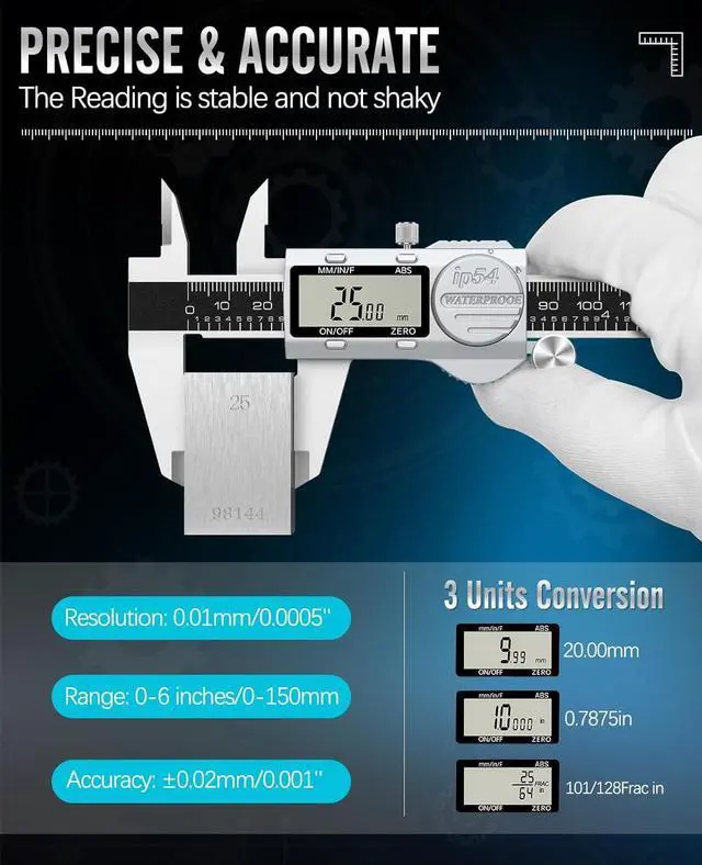 Alt view image 3 of 7 - Digital Caliper 12 Inch, (ABS) Absolute Scale Caliper, IP54 Caliper Measuring Tool, Inch/MM/Fraction, Auto-Off LCD Stainless Steel Waterproof Micrometer Vernier Caliper, Feeler Gauges