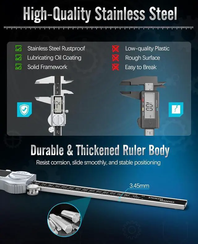 Alt view image 6 of 7 - Digital Caliper 12 Inch, (ABS) Absolute Scale Caliper, IP54 Caliper Measuring Tool, Inch/MM/Fraction, Auto-Off LCD Stainless Steel Waterproof Micrometer Vernier Caliper, Feeler Gauges