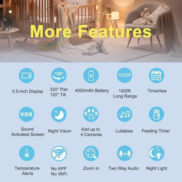 Alt view image 3 of 7 - 720P 5.5'' HD Baby Monitor with Camera and Audio No WiFi, Video Baby Monitor, Remote Pan Tilt Zoom Wide View Range, 1080P Infant Camera, Night Light, Hack Proof, 4000mAh Battery, 1000ft