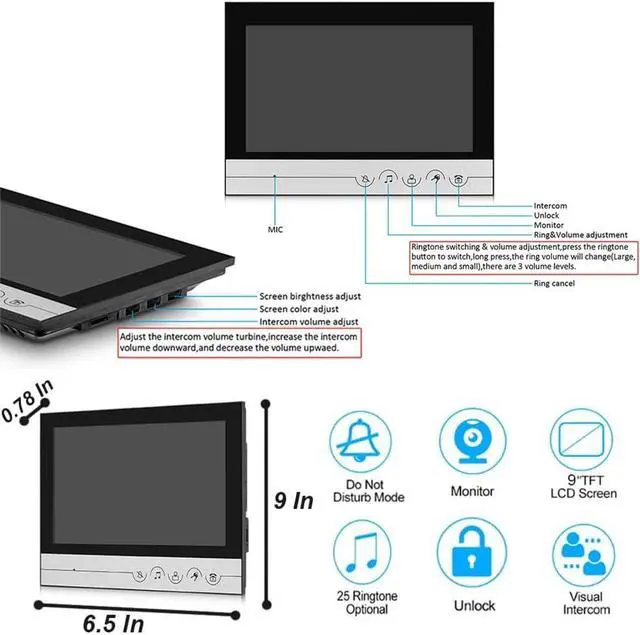Alt view image 3 of 7 - 9inch Wired Video Intercom System with Camera and Monitor Doorbell,Doorbell Camera with Monitor Supports Unlocking,Monitoring,Dual-Way Intercom for Villa Home Office Apartment