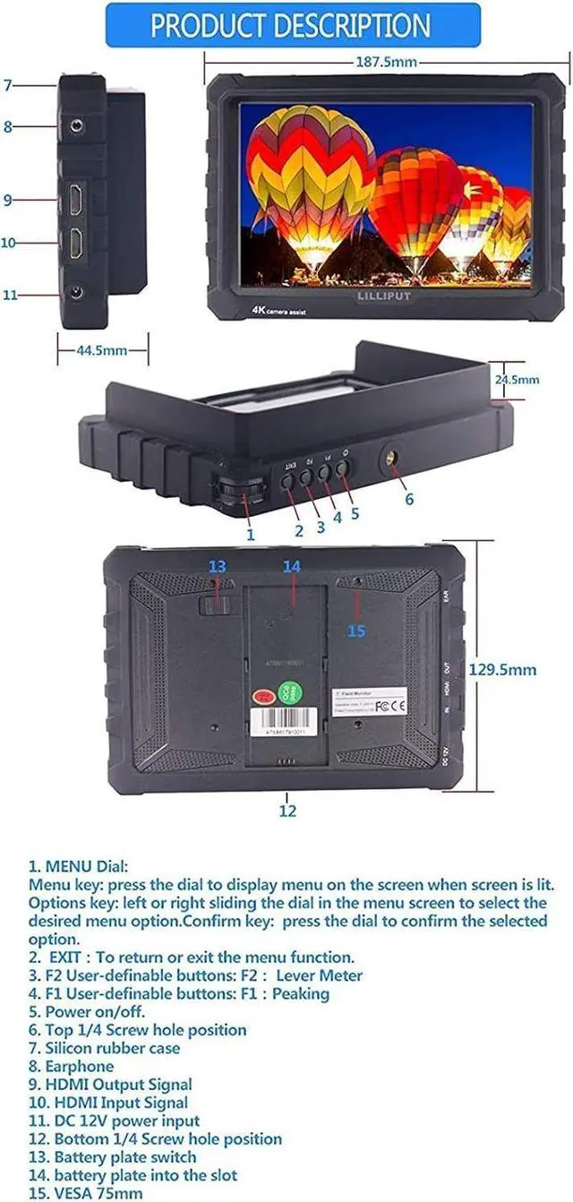 Alt view image 4 of 6 - 1920x1200 IPS Screen Camera Field Monitor 4K HDMI Input Output Video for DSLR Mirrorless Camera  A7S II A6500 Panasonic GH5  5D Mark IV DJI Ronin M Black VIVITEQ Exclusively