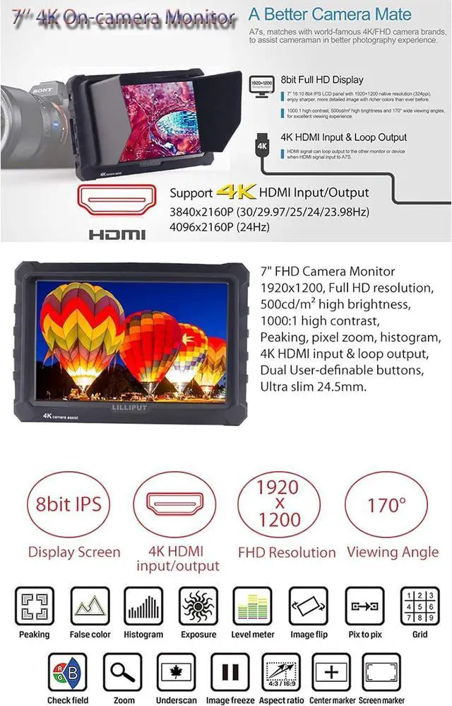 Alt view image 5 of 6 - 1920x1200 IPS Screen Camera Field Monitor 4K HDMI Input Output Video for DSLR Mirrorless Camera  A7S II A6500 Panasonic GH5  5D Mark IV DJI Ronin M Black VIVITEQ Exclusively