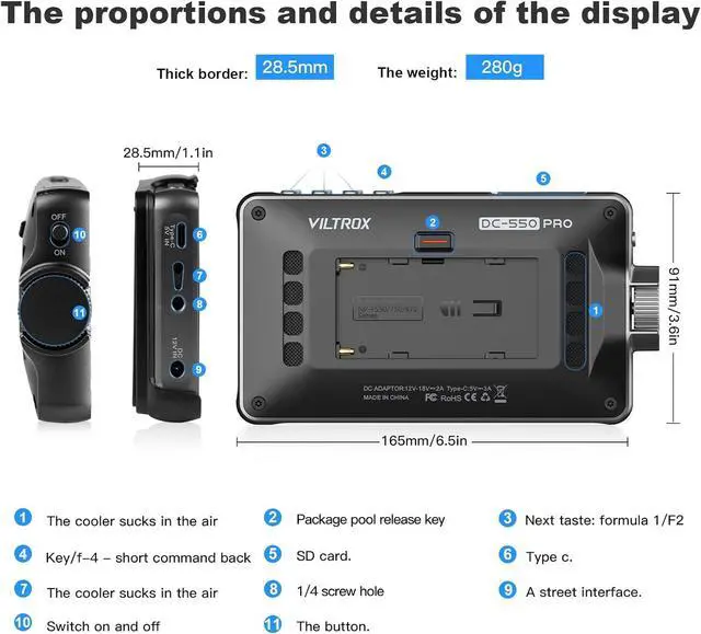 Alt view image 6 of 7 - DC 550 Pro 5.5" Camera Monitors for DSLR Touchscreen Field Monitor 4K HDMI Video External Monitor mit Hood for   Nikon 1200nit 3D LUT Focus Peaking Histogram False Colours