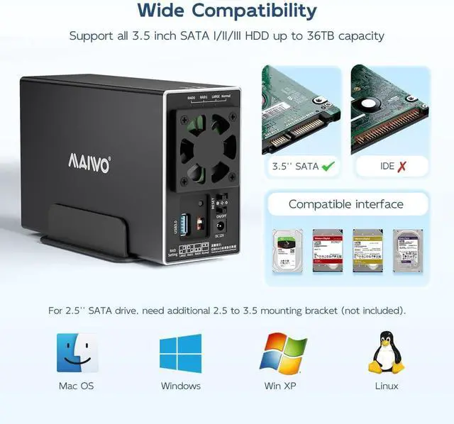 Alt view image 3 of 6 - Dual Bay Hard Drive RAID Enclosure for 3.5 inch SATA HDD, RAID 0/1/JBOD/PM 5Gbps USB 3.0 to SATA Disk Adapter, 36TB Capacity, Aluminum External HDD Case