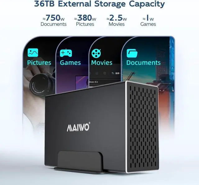 Alt view image 4 of 6 - Dual Bay Hard Drive RAID Enclosure for 3.5 inch SATA HDD, RAID 0/1/JBOD/PM 5Gbps USB 3.0 to SATA Disk Adapter, 36TB Capacity, Aluminum External HDD Case