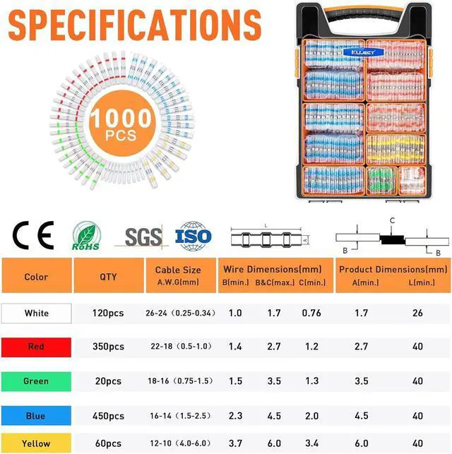Alt view image 2 of 7 - 1000PCS Solder Seal Wire Connectors AWG 26-10, Marine Waterproof Heat Shrink Wire Connectors in Portable Storage Box with Handle and Removable Organizers(5 Colors/5 Sizes)