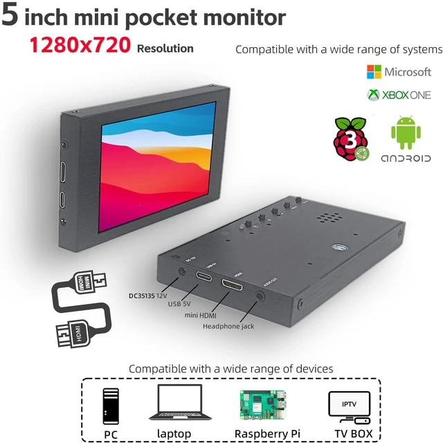 Alt view image 2 of 7 - 5-Inch IPS Portable HDMI Monitor 1280×720 Mini LCD Display