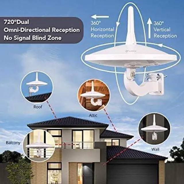 Alt view image 2 of 7 - AT-415B 720° UFO Dual Omni-Directional Outdoor HDTV Antenna with Exclusive Smartpass Amplifier &4G LTE Filter, Fit for Outdoor/RV/Attic Use(33ft Coaxial Cable,4K UHD Ready)