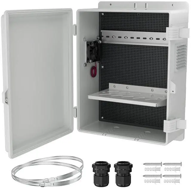 Main image of White Outdoor Electrical Box Waterproof Nema Enclosure 16x11x6 Plastic WiFi Box with Fan Vented Dust Screen