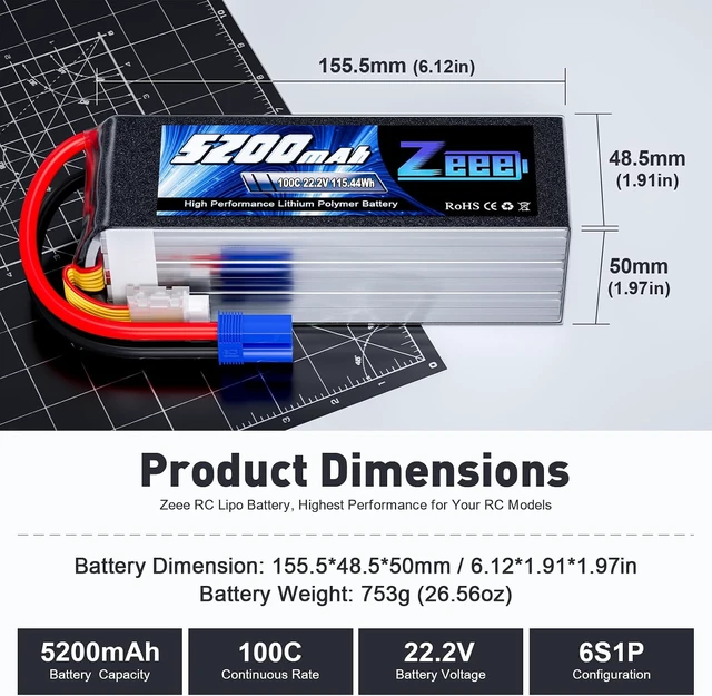 Alt view image 2 of 6 - 6S 5200mAh Lipo Battery 22.2V 100C with EC5 Connector (2 Pack)