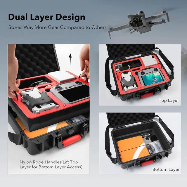 Alt view image 2 of 7 - P330-MMDL Dual Layer Mini 4 Pro Case, Waterproof Hard Carrying Case for DJI Mini 4 Pro/Mini 3/Mini 3 Pro Fly More Combo, Fits DJI RC 2/RC, RC-N2/N1, Charger Hub, Tablet Holder, Landing Pad, iPad