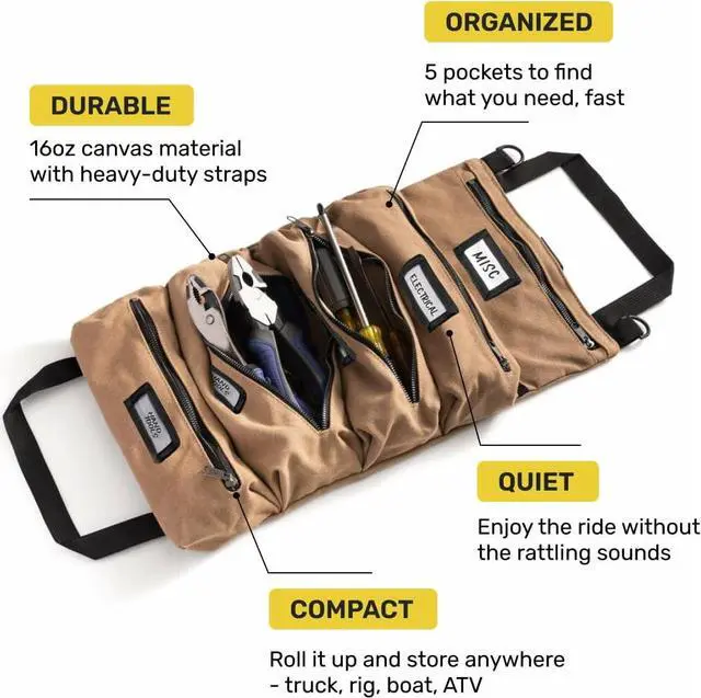 Alt view image 2 of 6 - Official Legacy Tool Roll Bag - Easy to Carry 5-Pocket Roll Up Tool Bag - Durable Canvas, Rust-Proof YKK Zippers,Secure Buckle - A Loving Gift for Dads, Mechanics, Electricians & Hobbyists| ArmyGreen