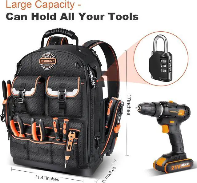 Alt view image 3 of 7 - Backpack Tool Bag Tool Backpack Heavy Duty Tool Organizer, Water-resistant HAVC Tool Backpack Electrician Tool Box with Molded Base
