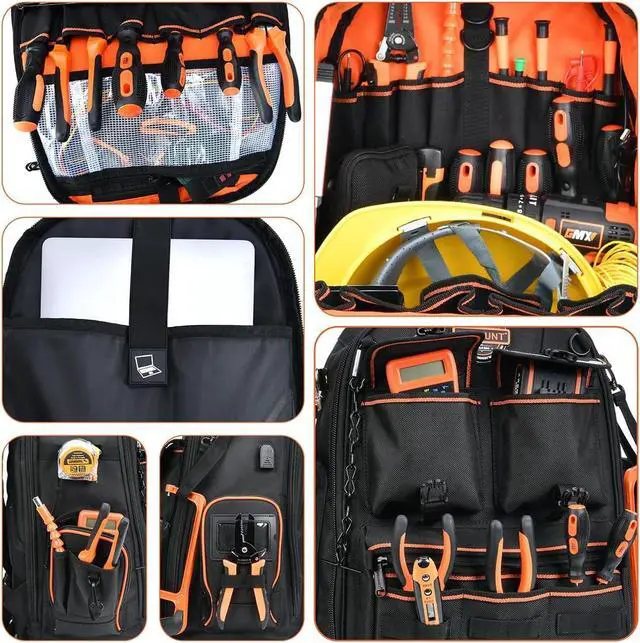 Alt view image 5 of 7 - Backpack Tool Bag Tool Backpack Heavy Duty Tool Organizer, Water-resistant HAVC Tool Backpack Electrician Tool Box with Molded Base