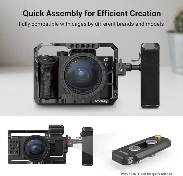 Alt view image 4 of 7 - Push-Button Rotating NATO Handle, Quick Release Handgrip for DLSR Camera Cage Kit, w/Built-in NATO Rail, Left Side - 3260