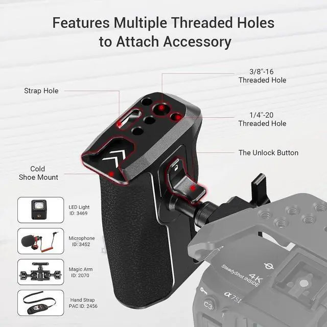 Alt view image 5 of 7 - Push-Button Rotating NATO Handle, Quick Release Handgrip for DLSR Camera Cage Kit, w/Built-in NATO Rail, Left Side - 3260