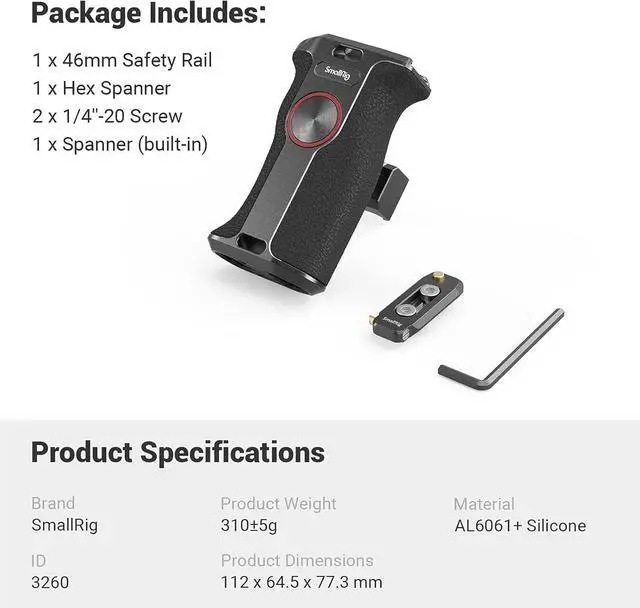 Alt view image 7 of 7 - Push-Button Rotating NATO Handle, Quick Release Handgrip for DLSR Camera Cage Kit, w/Built-in NATO Rail, Left Side - 3260