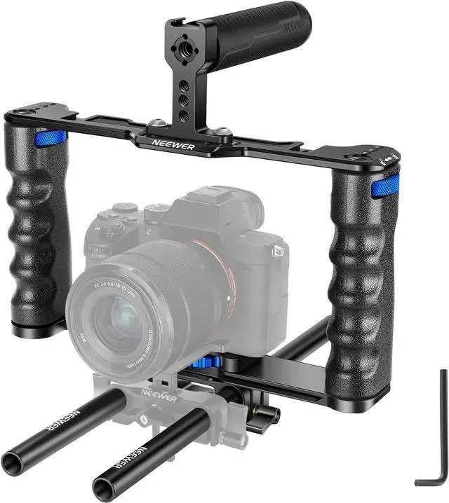 Main image of Aluminum Alloy Camera Cage, Filmmaking Rig with Top Handle, Dual Grips & Arca Type Base, Compatible with  A7S III A7IV A6600  EOS R5C R5 R6 DSLR/Mirrorless Cameras - VS107, Blue