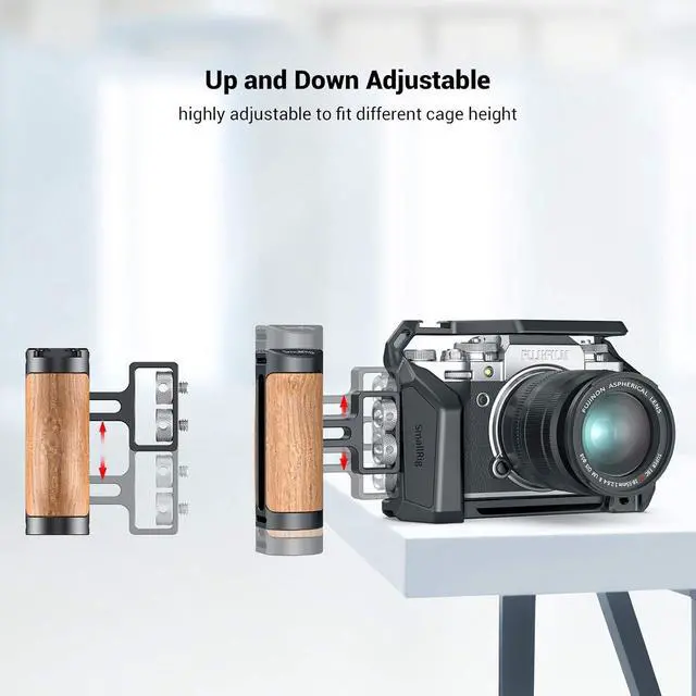 Alt view image 2 of 7 - Wooden Mini Handle Side Handgrip with 1/4"-20 Screws for Mirrorless Digital Camera DSLR Camera Small Camera Cage with Cold Shoe Mount Built-in Wrench, Up and Down Adjustable - 2913