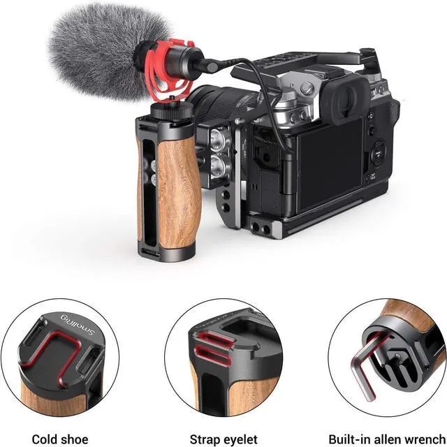 Alt view image 6 of 7 - Wooden Mini Handle Side Handgrip with 1/4"-20 Screws for Mirrorless Digital Camera DSLR Camera Small Camera Cage with Cold Shoe Mount Built-in Wrench, Up and Down Adjustable - 2913