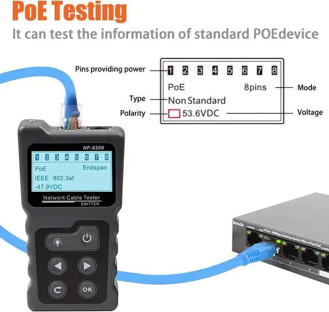 Alt view image 3 of 7 - Network Cable Tester, Ethernet Wire Tr with NCV & Lamp for CAT5 CAT6, PoE Tester Detect Voltage Measure Fault Distance by TDR NF-8209