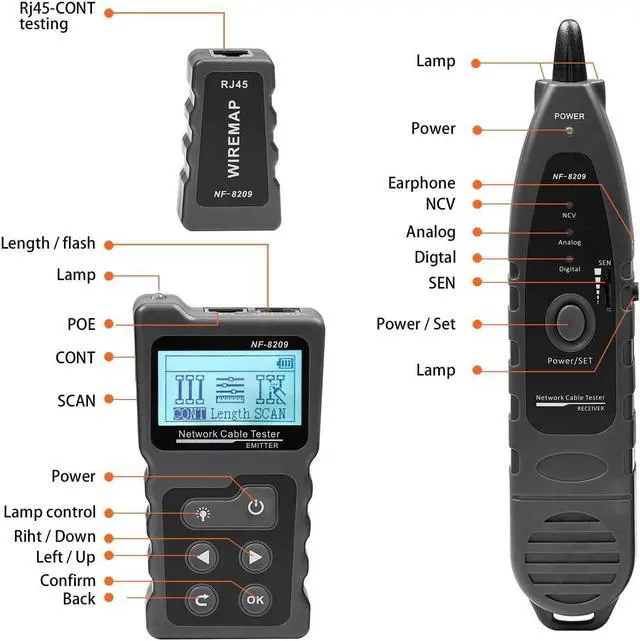 Alt view image 7 of 7 - Network Cable Tester, Ethernet Wire Tr with NCV & Lamp for CAT5 CAT6, PoE Tester Detect Voltage Measure Fault Distance by TDR NF-8209