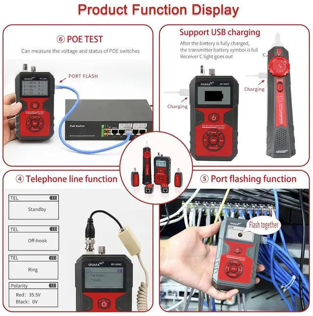 Alt view image 3 of 7 - Network Cable Tester with 10mW Visual Fault Locator, RJ11 RJ45 Ethernet Cable Tester POE Tester Cable Toner, Rechargeable Anti-Interference Network Tester for Telephone LAN Coax Cable