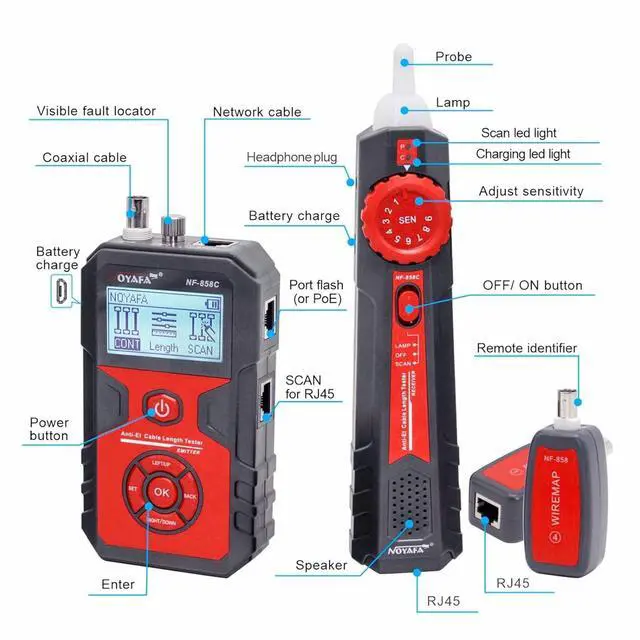 Alt view image 7 of 7 - Network Cable Tester with 10mW Visual Fault Locator, RJ11 RJ45 Ethernet Cable Tester POE Tester Cable Toner, Rechargeable Anti-Interference Network Tester for Telephone LAN Coax Cable