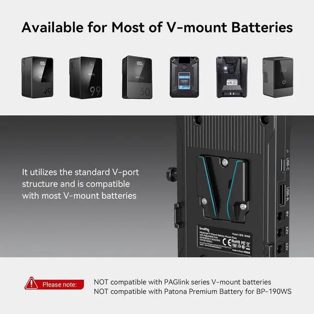 Alt view image 2 of 7 - V Mount Battery Adapter Plate with PD 65W USB-C Quick Charger, QC Protocol USB-A, D-TAP, 8V & 12V DC Port, 15 mm Rod Clamp and Adjustable Arm, for Sony for Canon Cameras & Camcorders